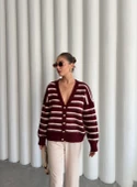 Bordo-Ekru Yumoş Enine Çizgili Hırka - 7