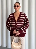 Bordo-Ekru Yumoş Enine Çizgili Hırka - 1