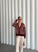 Bordo-Ekru Yumoş Enine Çizgili Hırka - 8