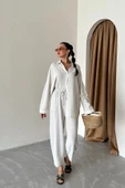 Taş Oversize Düşük Omuz Keten Gömlek - 4