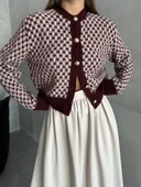 Bordo Bisiklet Yaka Gold Düğmeli Desenli Hırka - 1