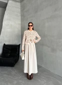 Vanilya-Bordo Bisiklet Yaka Çizgili ve Tüylü Gold Düğmeli Hırka - 4