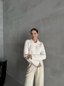 Krem Sekiz Düğmeli Polo Yaka Hırka - 8