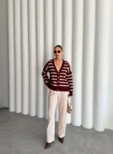 Bordo-Ekru Yumoş Enine Çizgili Hırka - 4