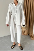 Taş Oversize Düşük Omuz Keten Gömlek - 3