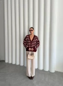 Bordo-Ekru Yumoş Enine Çizgili Hırka - 6