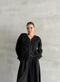 Siyah Çoklu Mini Taşlı Fermuarlı Hırka - 5