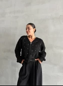 Siyah Çoklu Mini Taşlı Fermuarlı Hırka - 3