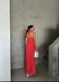 Nar Çiçeği Askılı Puantiyeli Elbise - 4