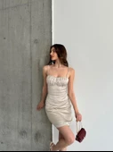 Bej Askılı Mini Saten Elbise - 5