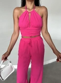 Fuşya Crop Pantolon Müslin Takım - 2