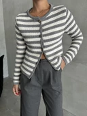 Gri-Krem Mia Örme Yan Çizgili Hırka thumbnail 1