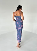 Lacivert İnce Askılı Batik Desen Tül Elbise - 7