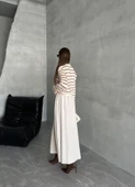 Vanilya-Bordo Bisiklet Yaka Çizgili ve Tüylü Gold Düğmeli Hırka - 7