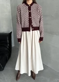 Bordo Bisiklet Yaka Gold Düğmeli Desenli Hırka - 2