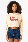 The Warning Logo Bej Kadın Crop Kapşonlu thumbnail 1