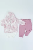 Tavşan Desenli Dantel Yakalı Yelekli Zıbın Kapşonlu Uzun Kol Pamuklu Kız Bebek 3'lü Takım Alt Üst - 3
