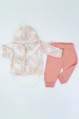 Tavşan Desenli Dantel Yakalı Yelekli Zıbın Kapşonlu Uzun Kol Pamuklu Kız Bebek 3'lü Takım Alt Üst - 4