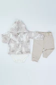 Tavşan Desenli Dantel Yakalı Yelekli Zıbın Kapşonlu Uzun Kol Pamuklu Kız Bebek 3'lü Takım Alt Üst - 1