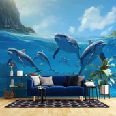 Deniz ve Yunus Balığı Sürüsü Manzaralı Duvar Kağıdı thumbnail 1