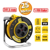 Plastik Makaralı Seyyar %100 Bakır Kablo 4 Prizli Monofaze Uzatma Kablosu 3x1.5 mm H05VV-F 25 Metre thumbnail 1