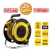 Plastik Makaralı Seyyar %100 Bakır Kablo 4 Prizli Kapaklı Uzatma Kablosu 3x2.5 mm H05VV-F 25 Metre - 1