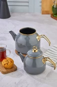 Emayye Özel Tasarım Yapışmaz Yüzey Demlik Seti Emaye Çaydanlık - 6