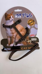 Pati Yavru Köpek ve Kedi Gezdirme Takım Tasması (Ayarlanabilir) Kahverengi-Noktalı - 1