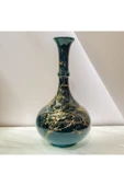 30 Cm Çini Gözyaşı Vazo-zümrüt Yeşil/siyah-mermer Desenli El Yapımı-orjinal Kütahya Çinisi - 3