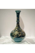 20 cm Çini Gözyaşı Vazo-zümrüt Yeşil/siyah-mermer Desenli El Yapımı-orjinal Kütahya Çinisi - 3