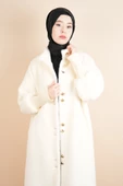 Tesettür Kaban Uzun Kaban Çift Düğmeli Geniş Ribana Kol Angora Krem - 4