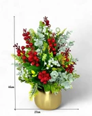 Nettenevime Yapay Çiçek Aranjman Gold Vazoda Yılbaşı Çiçeği Kırmızı Kokina Ve Pastel Şimşir thumbnail 3