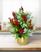Nettenevime Yapay Çiçek Aranjman Gold Vazoda Yılbaşı Çiçeği Kırmızı Kokina Ve Pastel Şimşir thumbnail 4