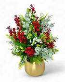 Nettenevime Yapay Çiçek Aranjman Gold Vazoda Yılbaşı Çiçeği Kırmızı Kokina Ve Pastel Şimşir thumbnail 5