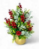 Nettenevime Yapay Çiçek Aranjman Gold Vazoda Yılbaşı Çiçeği Kırmızı Kokina Ve Pastel Şimşir thumbnail 1