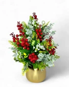 Nettenevime Yapay Çiçek Aranjman Gold Vazoda Yılbaşı Çiçeği Kırmızı Kokina Ve Pastel Şimşir thumbnail 2