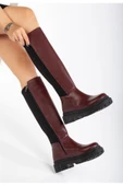 Bordo Arkası Streç Fermuarlı Günlük Kadın Çizme - 1