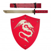 Ahşap Japon Samuray-Ninja Kalkanı ve Katana Kılıcı, Kırmızı - 2