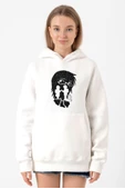 Erased Anime Black White Silhoette Beyaz Kadın 3ip Kapşonlu Sweatshirt thumbnail 1