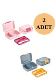 2'li Kendinden Kaşıklı 5 Bölmeli 2 Katlı Beslenme Kutusu Pembe-Mavi thumbnail 1