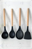 Silikon Bambu Saplı 4 Parça Mutfak Servis Seti Siyah  Kepçe  Kaşik Kevgi?r Spatula - 1