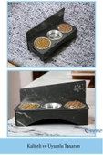 Evene Kedi Mama Kabı Kedi Su Kabı Kedi Mama ve Su Kabı Kedi Yemek Kabı 3 Çelik Kase Model 2 Siyah Mermer thumbnail 3