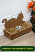 StarLightning Büyük Ahşap Kedi Mama Kabı Standı Ceviz Premium Boyalı 3'lü Paslanmaz Çelik Kaseli Model 4 thumbnail 4