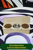 StarLightning Büyük Ahşap Kedi Mama Kabı Standı Bej Premium Boyalı 3'lü Paslanmaz Çelik Kaseli Model 2 thumbnail 3