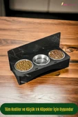 StarLightning Büyük Ahşap Kedi Mama Kabı Standı Siyah Mermer Premium Boyalı 3'lü Paslanmaz Çelik Kaseli Model 2 thumbnail 4