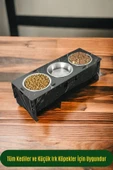 StarLightning Büyük Ahşap Kedi Mama Kabı Standı Siyah Mermer Premium Boyalı 3'lü Paslanmaz Çelik Kaseli Model 5 thumbnail 4