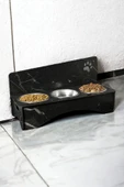 StarLightning Büyük Ahşap Kedi Mama Kabı Standı Siyah Mermer Premium Boyalı 3'lü Paslanmaz Çelik Kaseli Model 2 thumbnail 1
