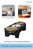 Evene Kedi Mama Kabı Kedi Su Kabı Kedi Mama ve Su Kabı Kedi Yemek Kabı 3 Çelik Kase Model 1 Siyah Mermer - 4
