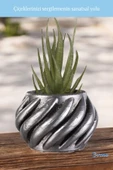 Evene Mini Çiçek Saksı Küçük Sukulent Gümüş Eskitme Kaktüs Saksısı Kalın Çizgili Spiral Model - 3