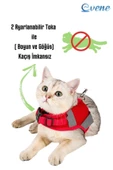 Evene Kedi Tasması Göğüs Boyun Tasma Seti Sevk Kayışlı Terletmeyen Nefes Alan Reflektörlü Tasma M Kırmızı - 4